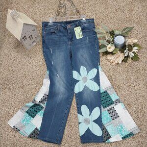 3454 Size 12 Bandolino Upcycled Bell-Bottoms, in Teal and Black.